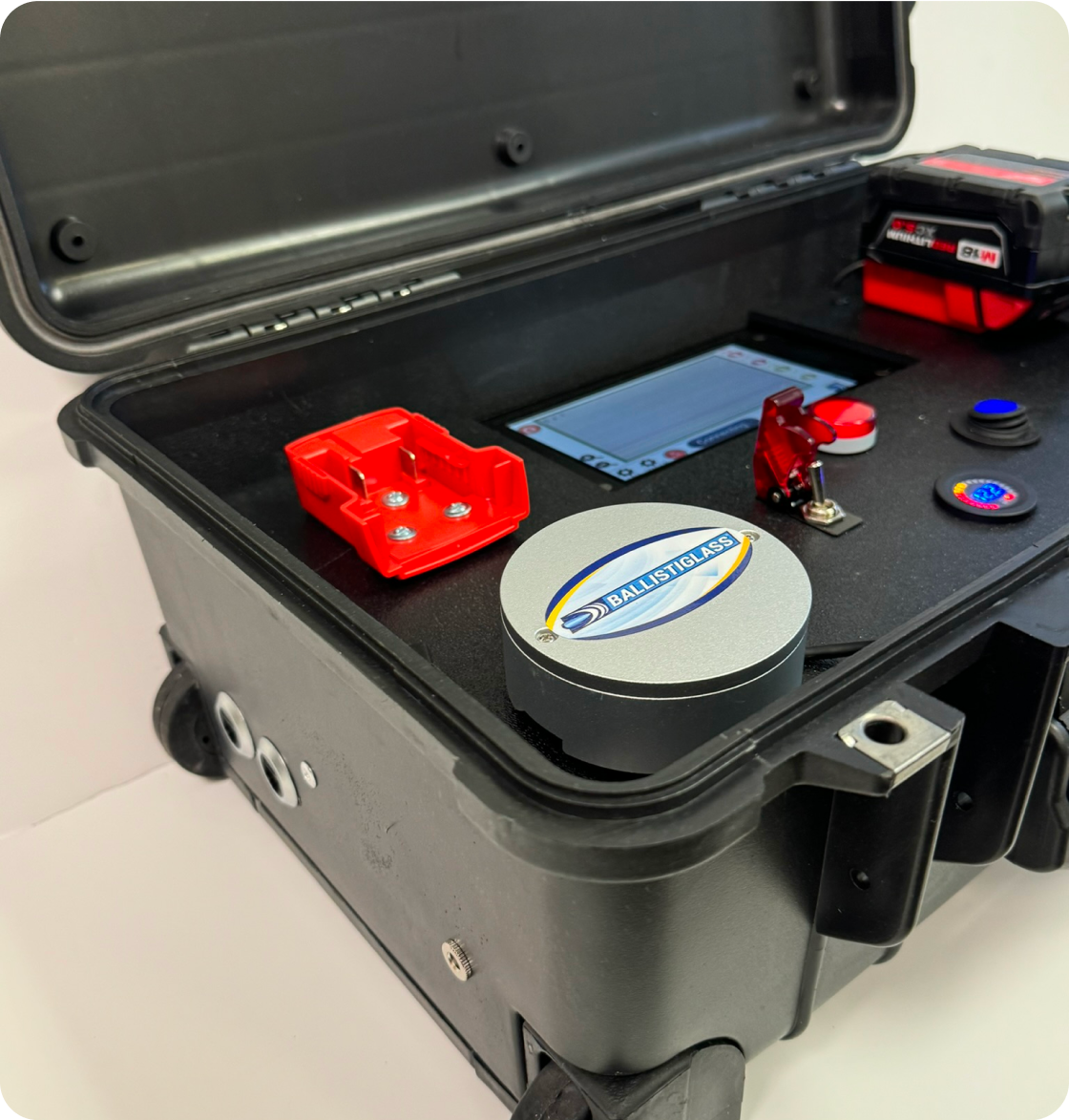 BallistiSCAN control case: ruggedized housing, touchscreen interface, sensor puck, and backup battery.